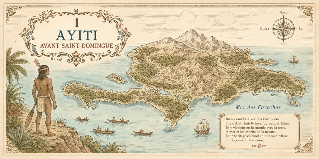 Recto de la carte 1 de la Fresque de la Diaspora Haïtienne, intitulée Ayiti avant Saint-Domingue.